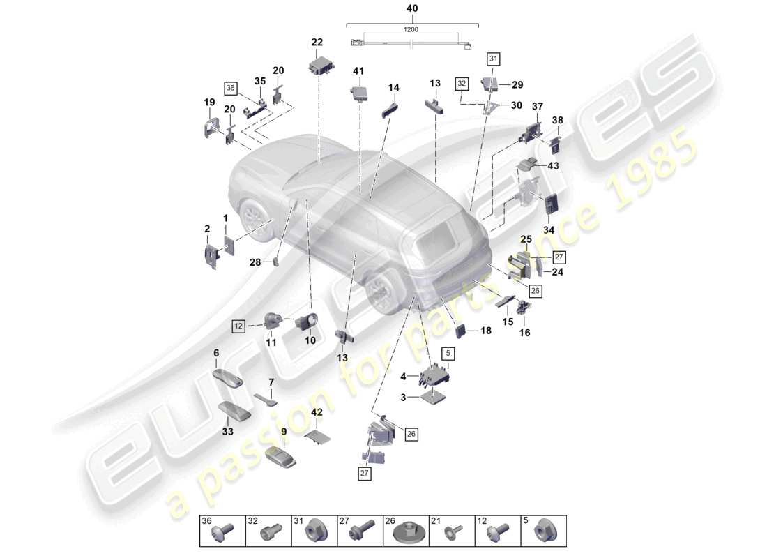 porsche 2021 (cayenne e3 9ya/9yb) control units front end rear end ignition/starter switch handheld transmitter controls for garage door operation receiver unit auxiliary heater aerial control unit for distance regulation control unit for lane change assist spoiler part diagram