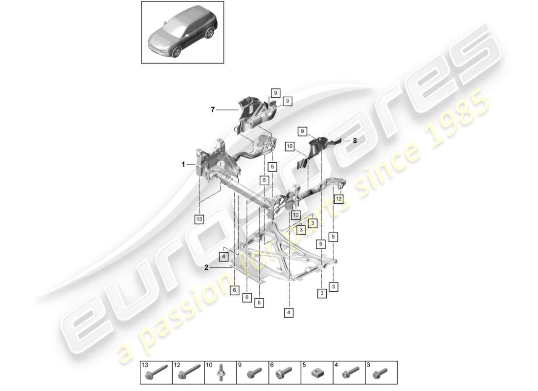 porsche 2023 (cayenne e3 9ya/9yb) support frame suspension sub-frame guard plate part diagram