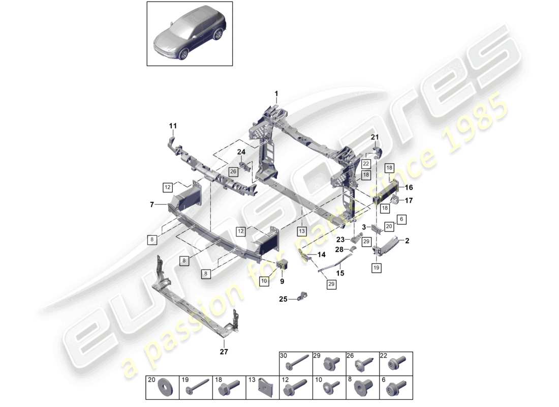 porsche 2024 (cayenne e3 9ya/9yb) bumper front and mounting bracket parts diagram