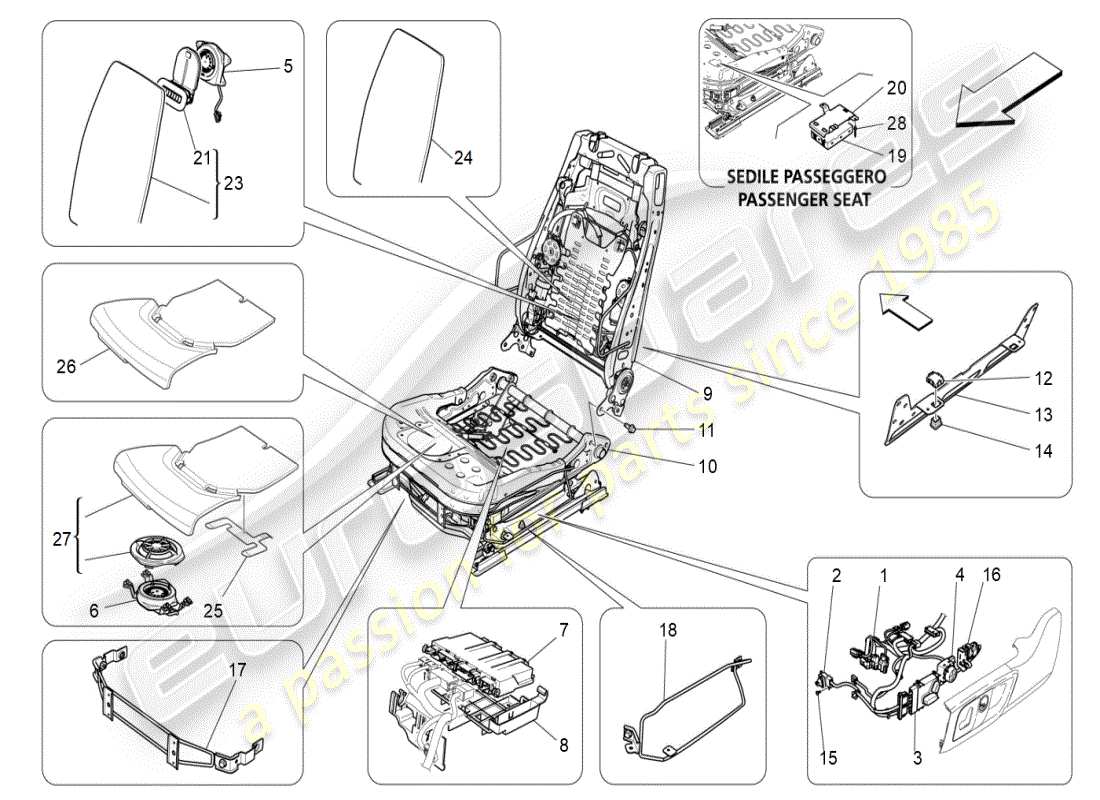 maserati ghibli (2021) front seats: mechanics and electronics part diagram