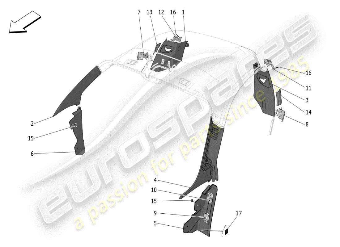 maserati mc20 (2024) passenger compartment b pillar trim panels and side panels part diagram