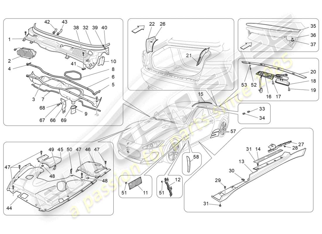 maserati granturismo mc stradale (2012) shields, trims and covering panels parts diagram