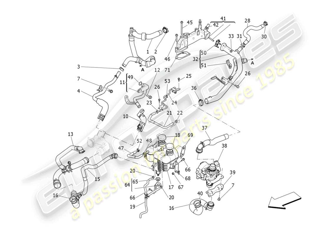 maserati levante gt (2022) cooling system: nourice and lines parts diagram