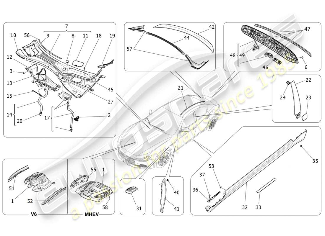maserati ghibli (2015) shields, trims and covering panels parts diagram