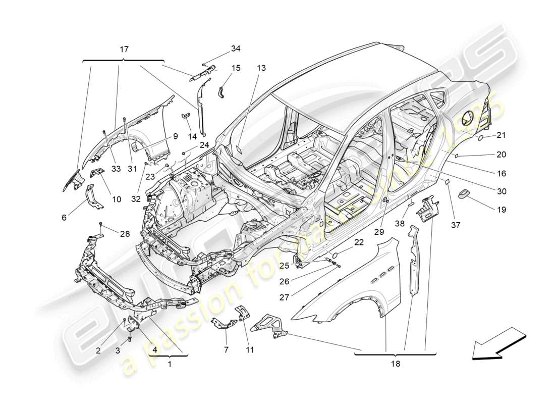 maserati levante gts (2020) bodywork and front outer trim panels parts diagram