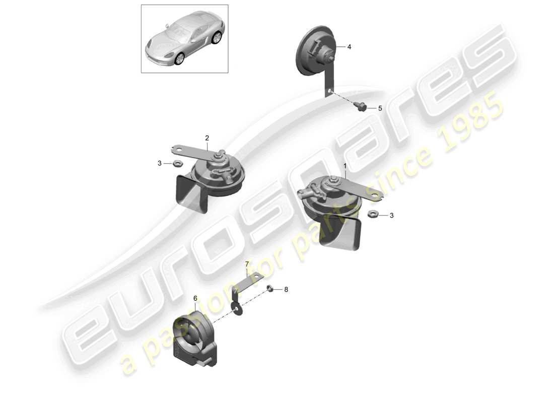 porsche 2024 (718 cayman) fanfare signal horn alarm system parts diagram