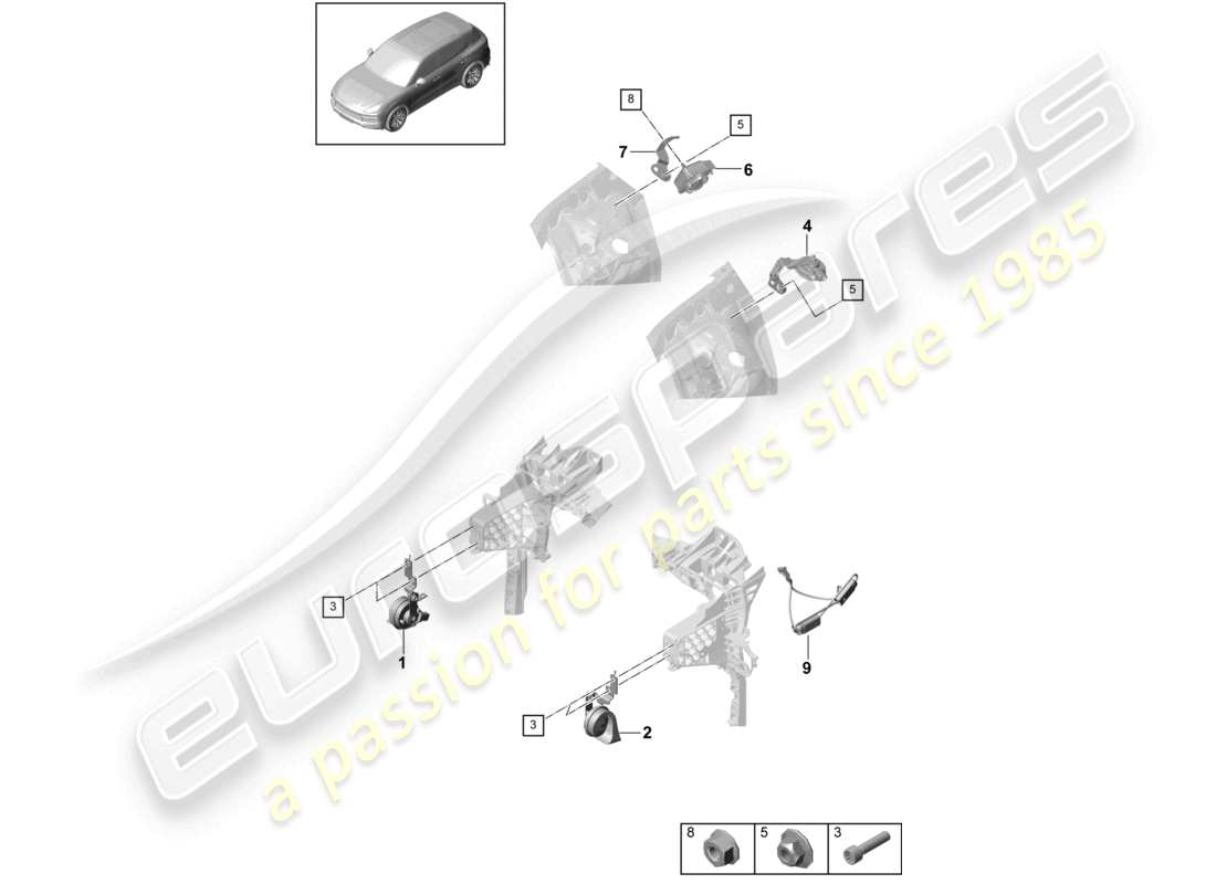 porsche 2021 (cayenne e3 9ya/9yb) fanfare signal horn alarm horn part diagram