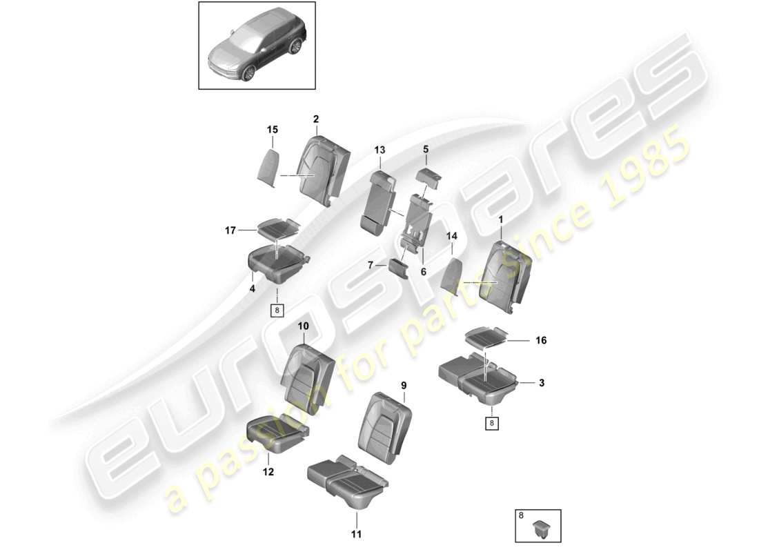porsche 2022 (cayenne e3 9ya/9yb) seat rear standard seat foam part backrest covers seat covers part diagram