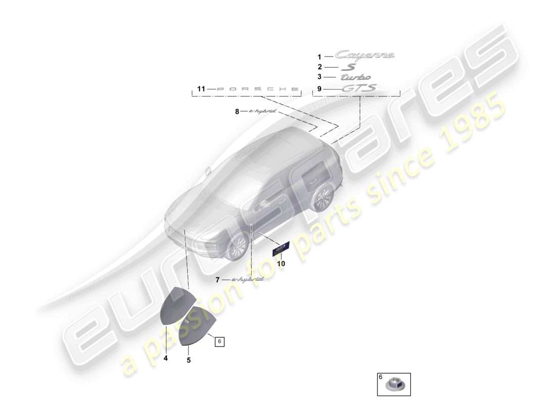 porsche 2024 (cayenne e3 9ya/9yb) inscriptions/lettering upper porsche crest outer parts diagram