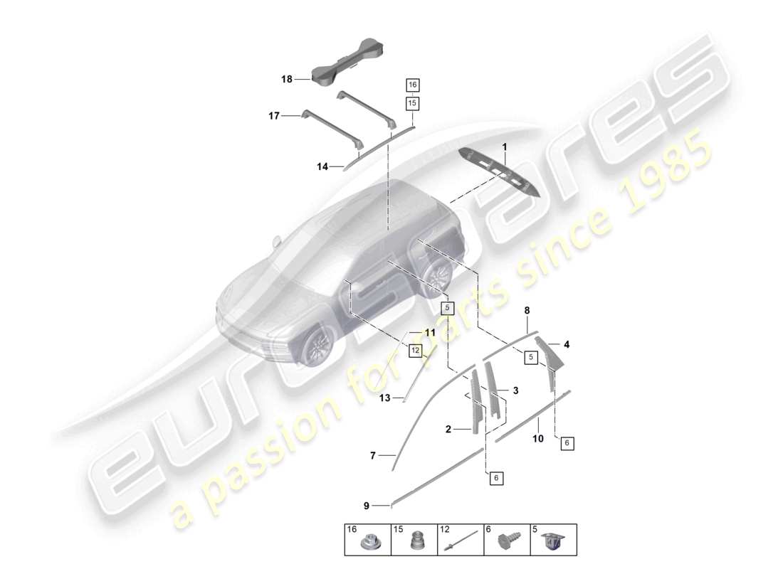 porsche 2024 (cayenne e3 9ya/9yb) moldings upper trim outer parts diagram