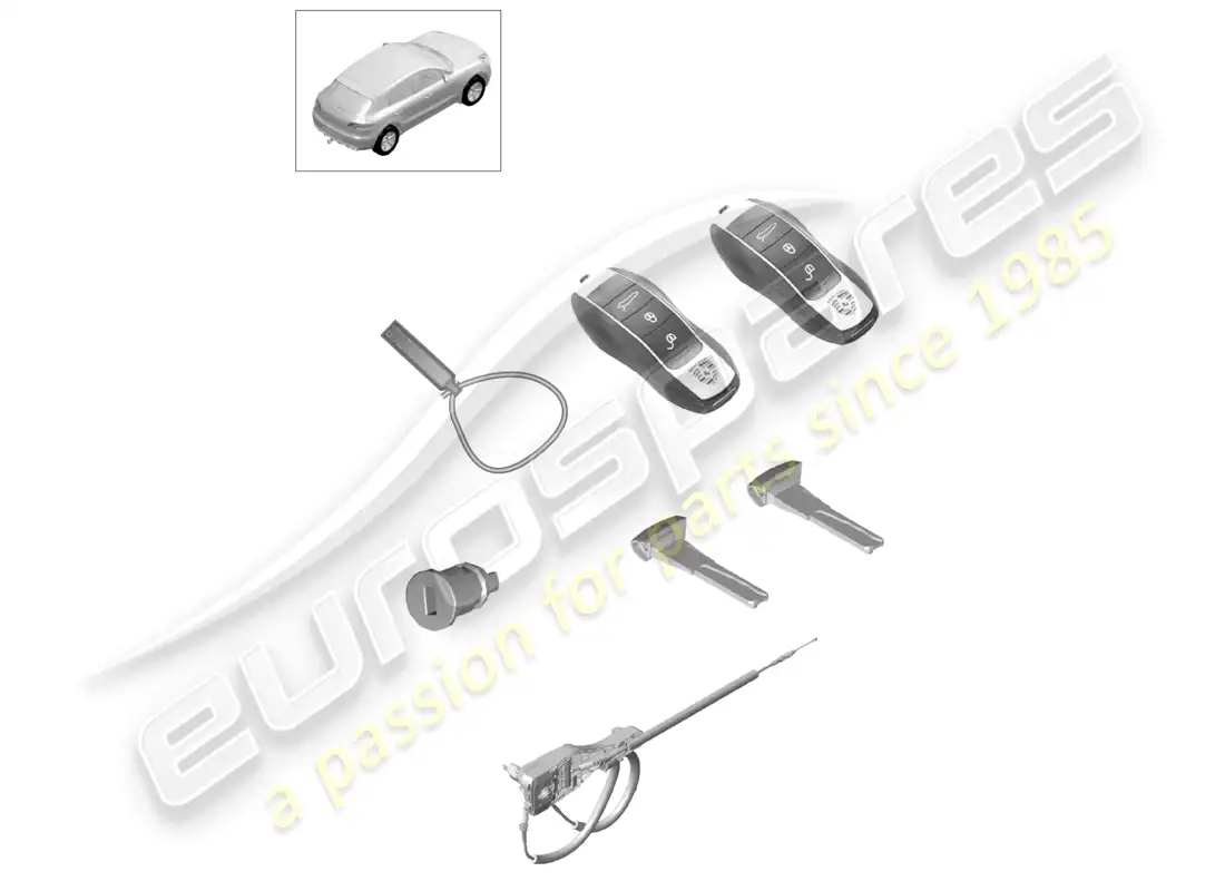 porsche 2014 (macan) 1 set of lock cylinders with handheld trans. & emerg. key comprising: lock cylinder for glove compartment flap mounting bar lock cylinders emergency key key fob handheld transmitter parts diagram