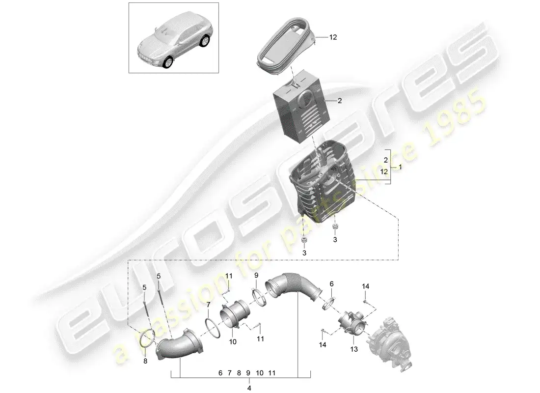 porsche 2014 (macan) air filter with connecting parts parts diagram