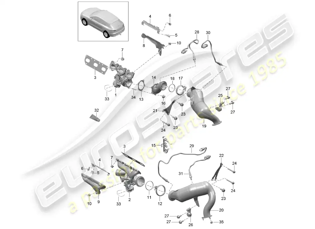 porsche 2014 (macan) exhaust system exhaust gas turbocharger catalytic converter lambda probe parts diagram