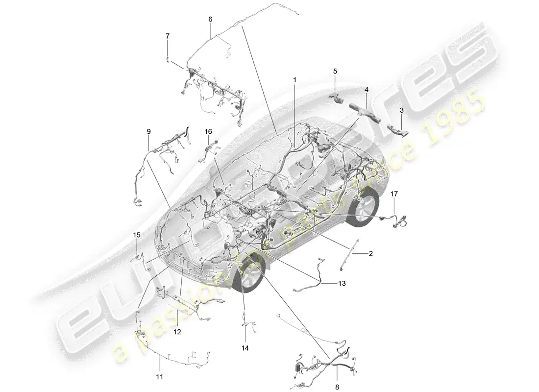 porsche 2014 (macan) wire set passenger compartment bumper front end anti-locking brake syst. -abs- brake pad wear display front axle parts diagram