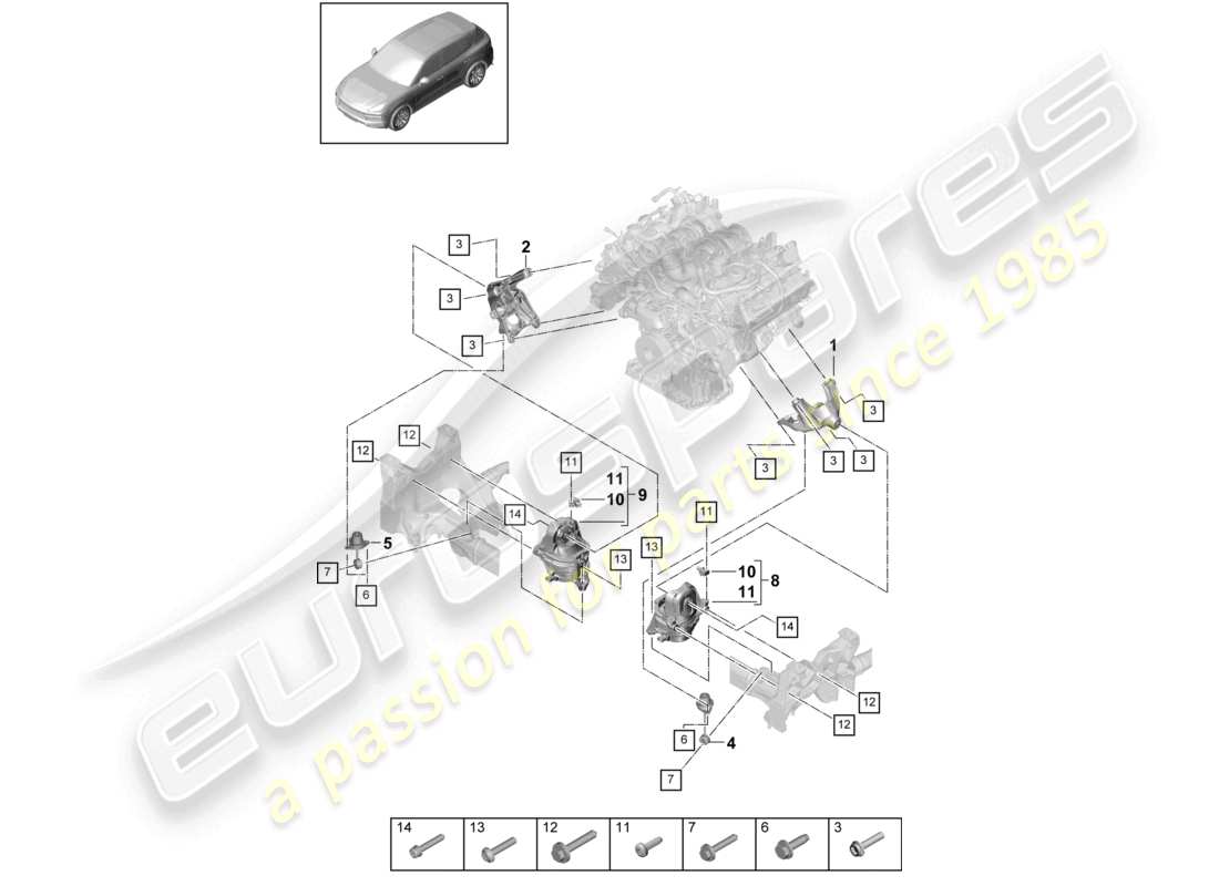 porsche 2023 (cayenne e3 9ya/9yb) engine lifting tackle lower console for engine mounting engine mounting part diagram