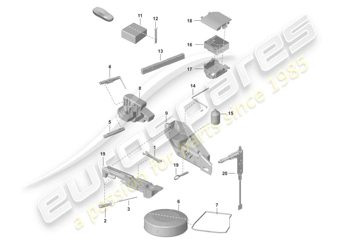 porsche 2026 (992-2 turbo / s) tool jack warning triangle first-aid bag breakdown set with compressor parts diagram