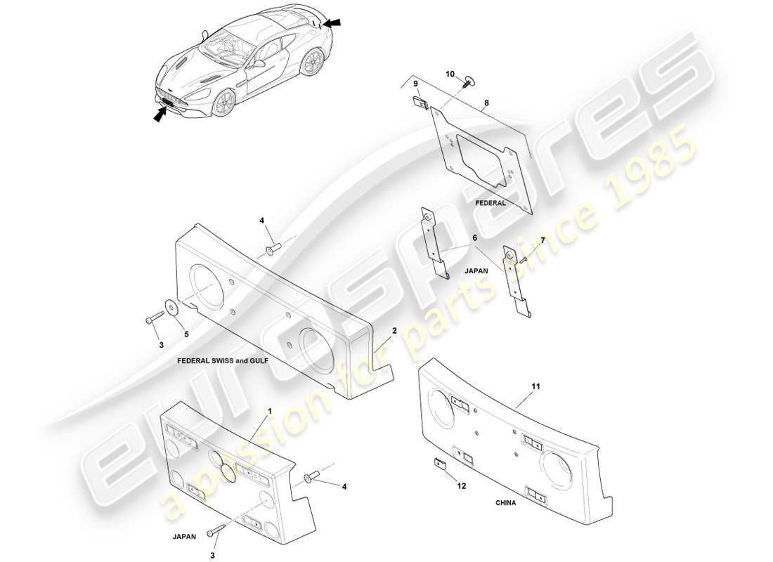 aston martin vanquish (2013) number plate plinths parts diagram