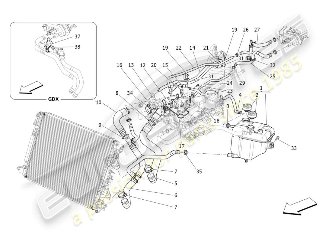 maserati levante gts (2020) cooling system: nourice and lines parts diagram