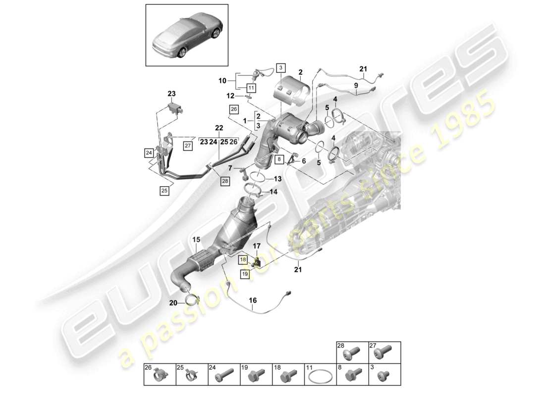 porsche 2021 (panamera 971-1) exhaust system catalytic converter diesel particulate filter lambda probe part diagram