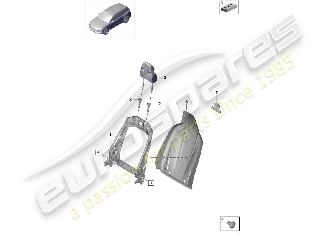 porsche 2023 (cayenne e3 9ya/9yb) backrest frame backrest shell sports seat part diagram