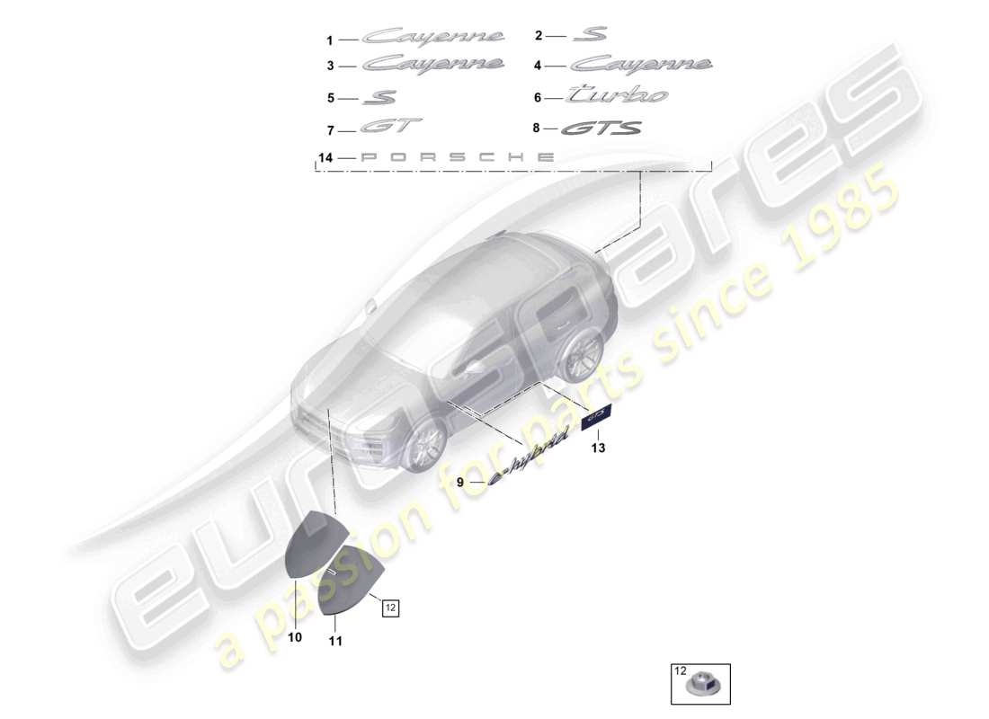 porsche 2026 (cayenne e3 pa) inscriptions/lettering front and rear porsche crest side outer part diagram