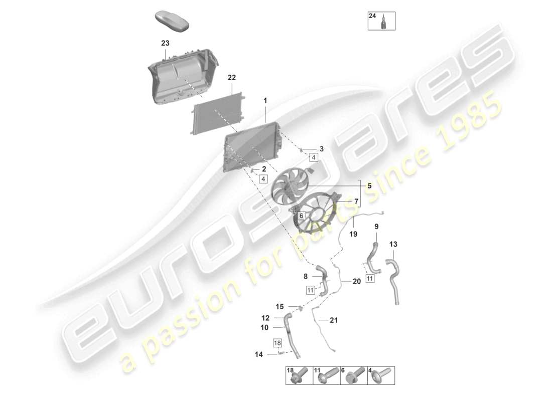 porsche 2025 (992-1 gt3/rs/st) cooler for coolant center radiator fan parts diagram