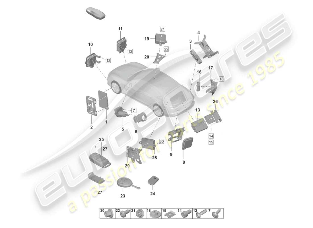 porsche 2023 (panamera 971-2) control units front end rear end ignition/starter switch auxiliary heater control unit for distance regulation for vehicles with lane change assist spoiler parts diagram