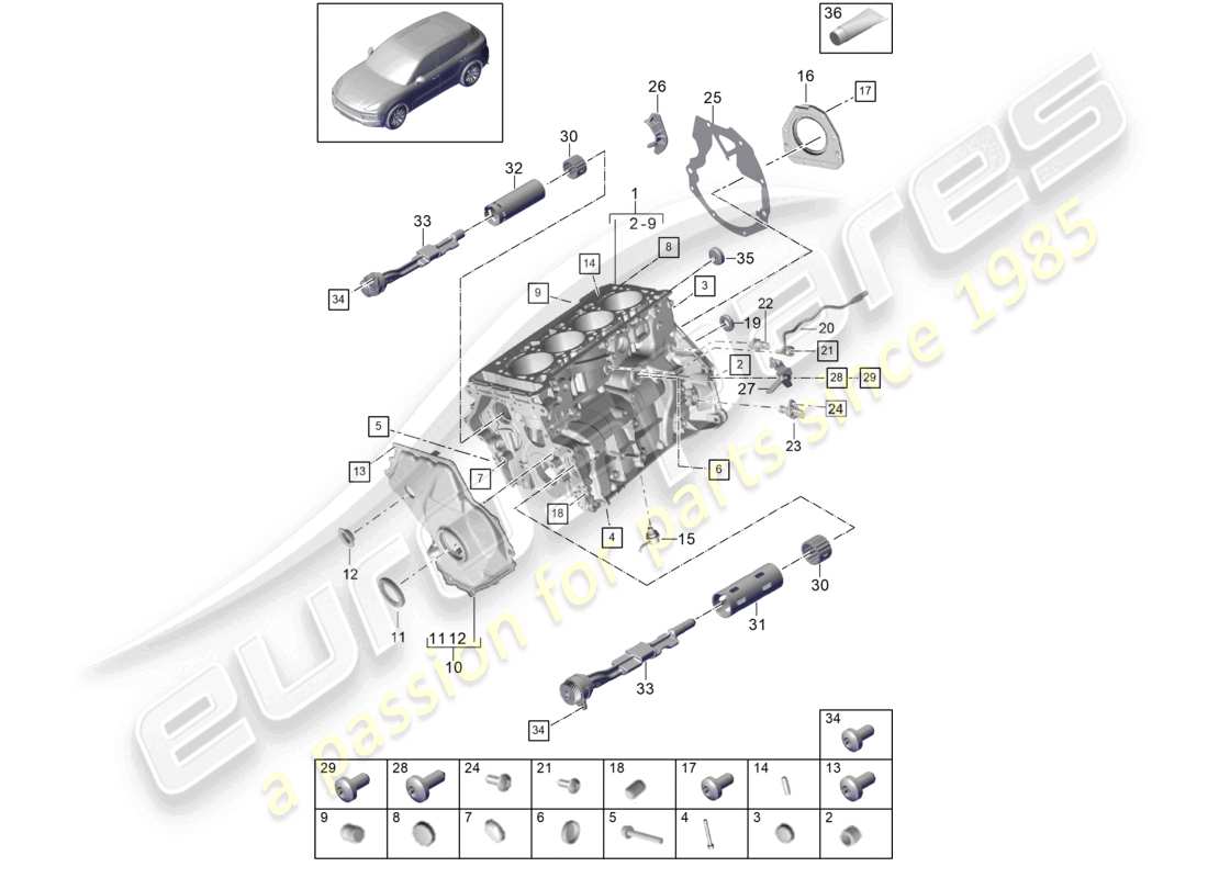 porsche 2021 (cayenne e3 9ya/9yb) crankcase housing individual parts part diagram