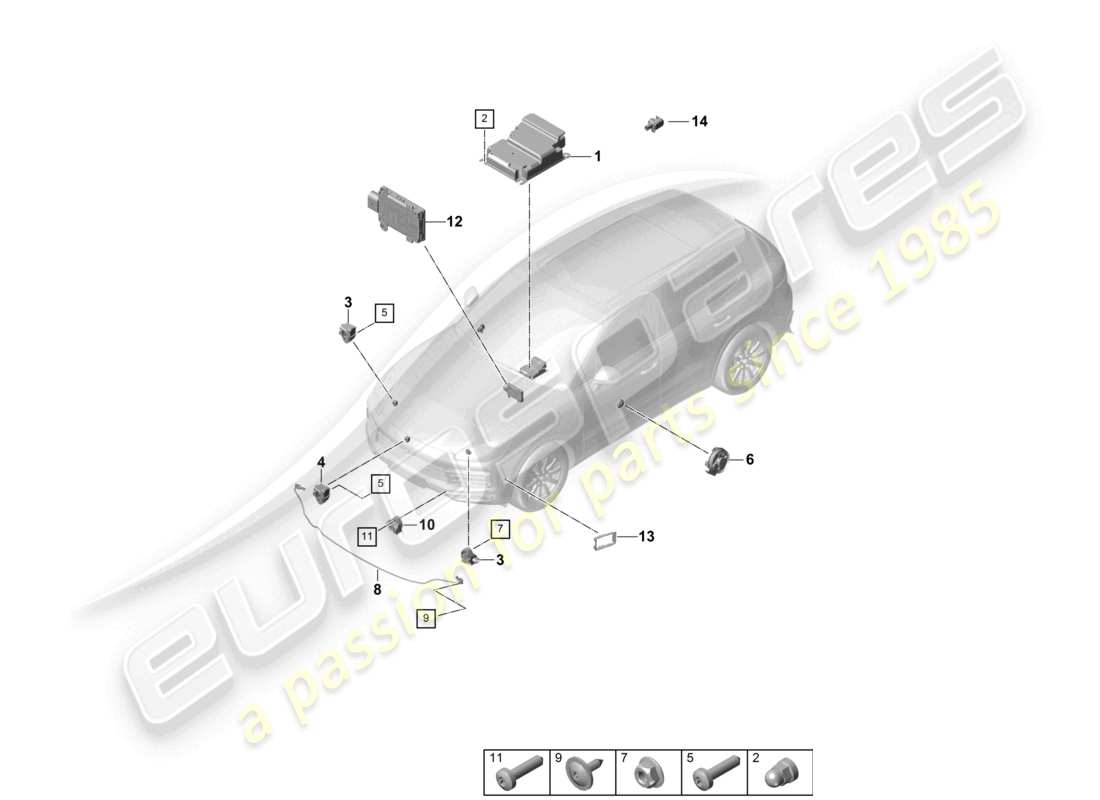 porsche 2021 (cayenne e3 9ya/9yb) control unit sensors airbag pressure sensor pedestrian protection part diagram