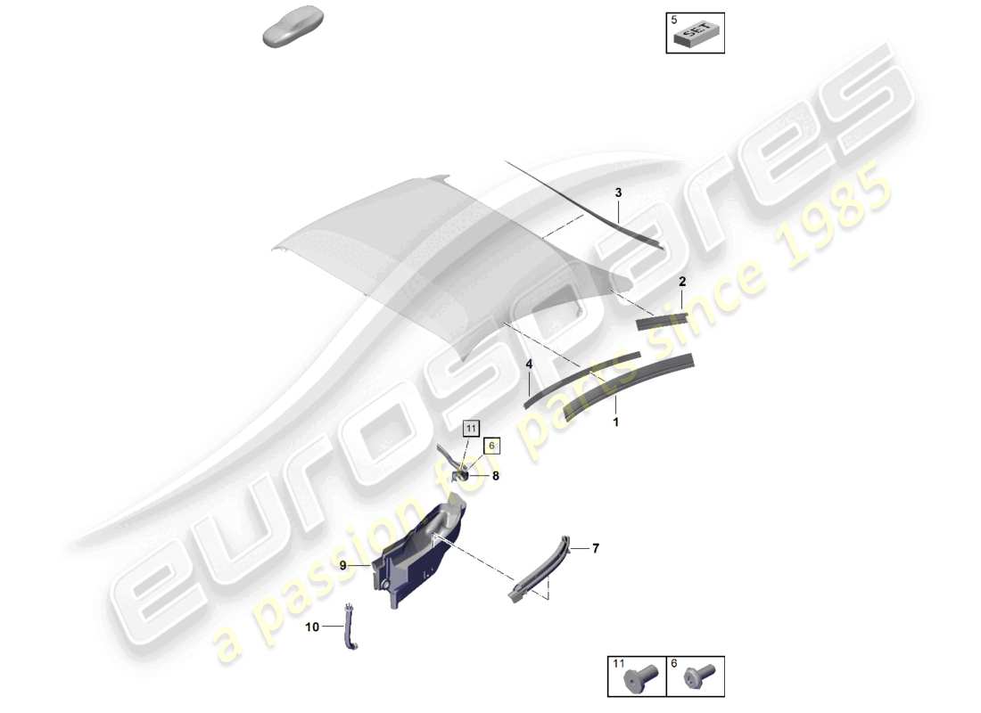 porsche 2021 (718 boxster spyder) convertible top seal water collecting tray parts diagram