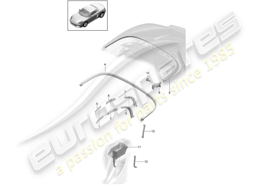 porsche 2021 (718 boxster) convertible top seal water collecting tray parts diagram