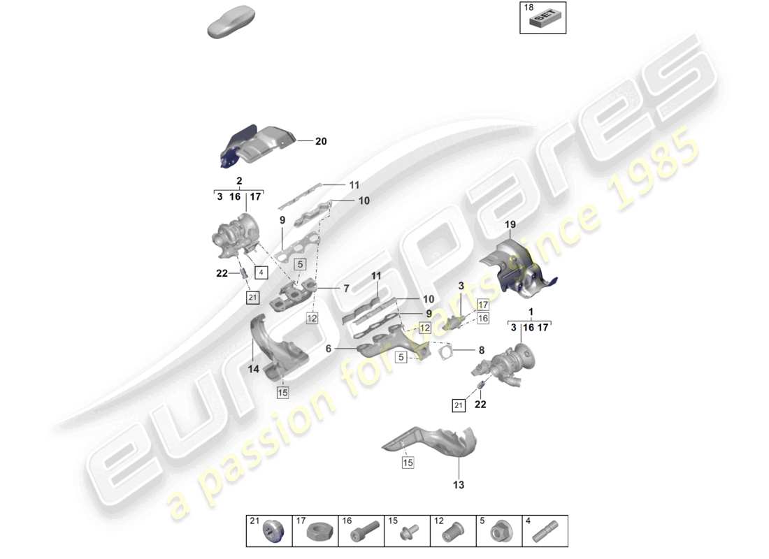 porsche 2021 (992-1) exhaust gas turbocharger exhaust manifolds part diagram