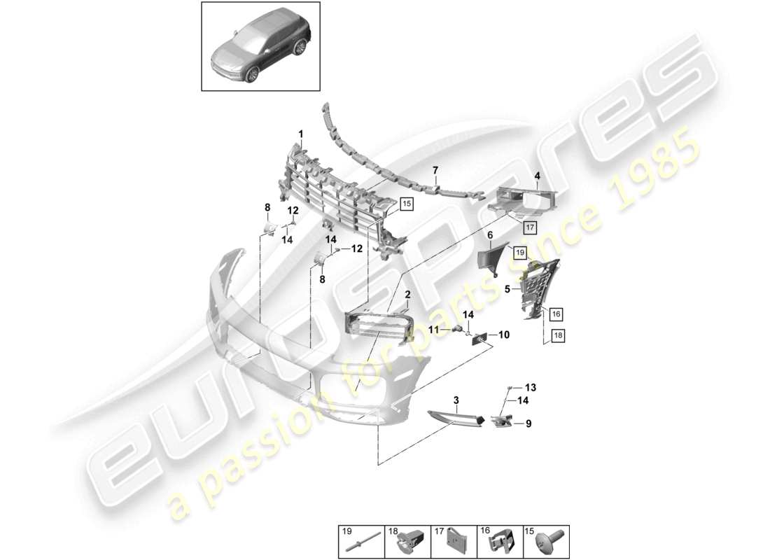 porsche 2024 (cayenne e3 9ya/9yb) bumper front individual parts basic and fasteners sport design package parts diagram