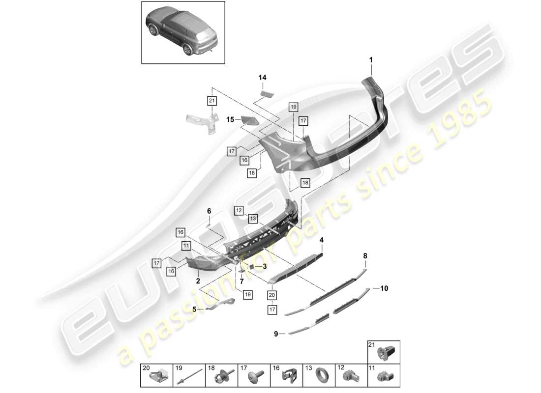 porsche 2022 (cayenne e3 9ya/9yb) bumper rear sport design package carbon effect part diagram