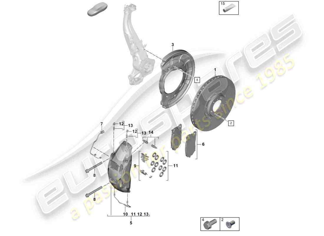 porsche 2024 (panamera 976) disc brake 21 front axle black green yellow part diagram