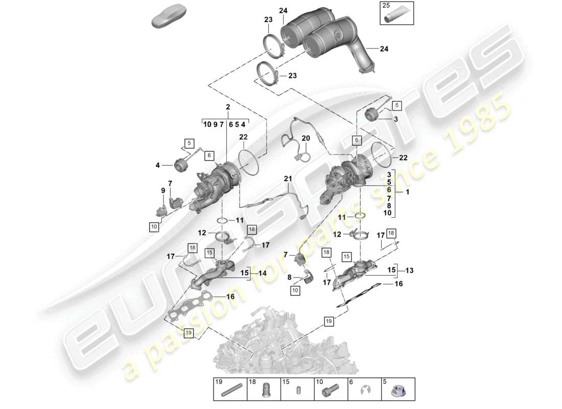 porsche 2023 (cayenne e3 pa) exhaust gas turbocharger exhaust manifolds lambda probe part diagram