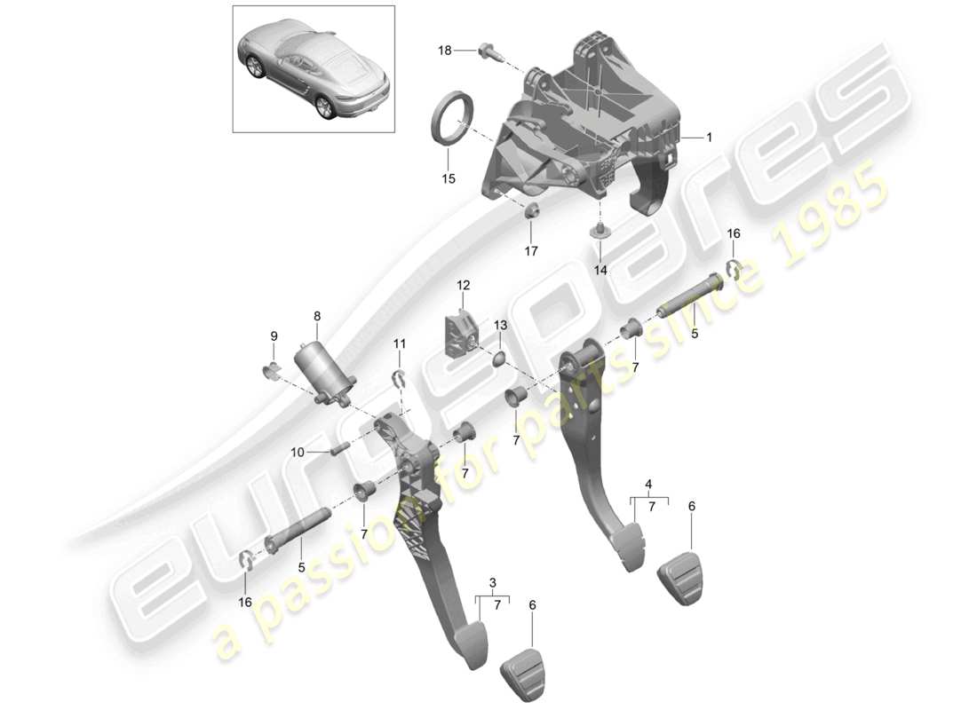 porsche 2021 (718 cayman) brake and clutch pedals cluster parts diagram