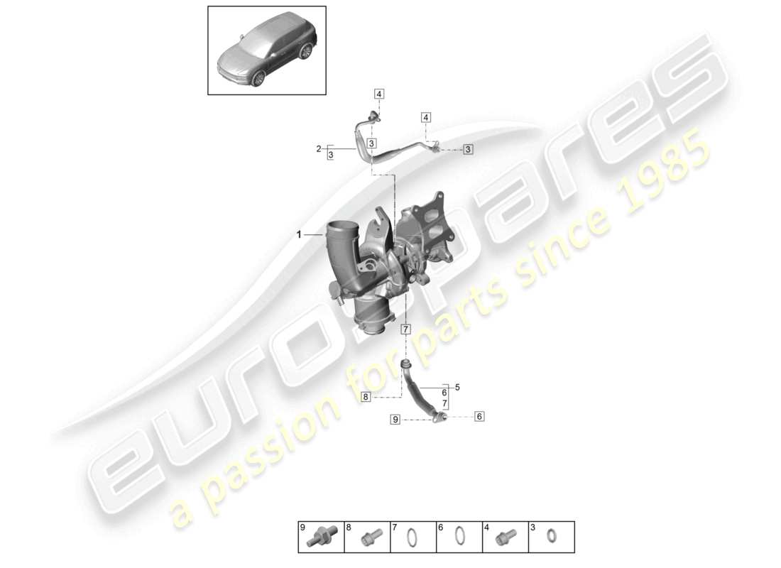 porsche 2022 (cayenne e3 9ya/9yb) oil pressure line for engine oil cooling exhaust gas turbocharger part diagram