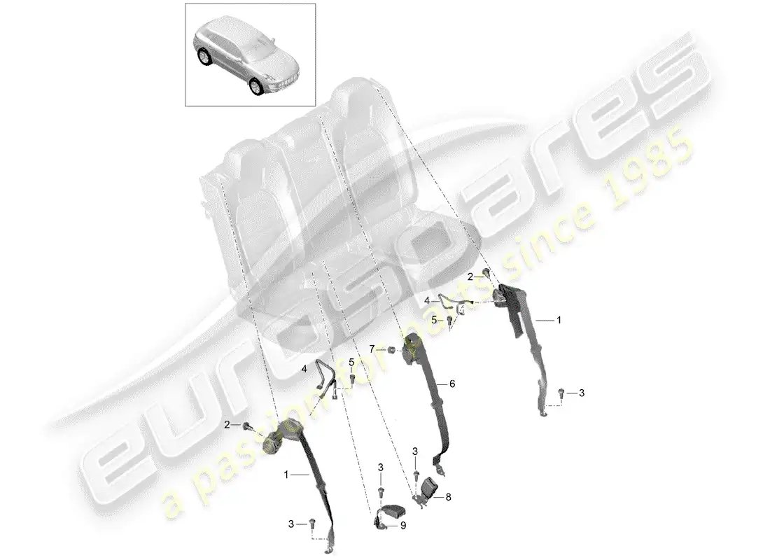porsche 2014 (macan) three-point safety belt rear belt latch parts diagram