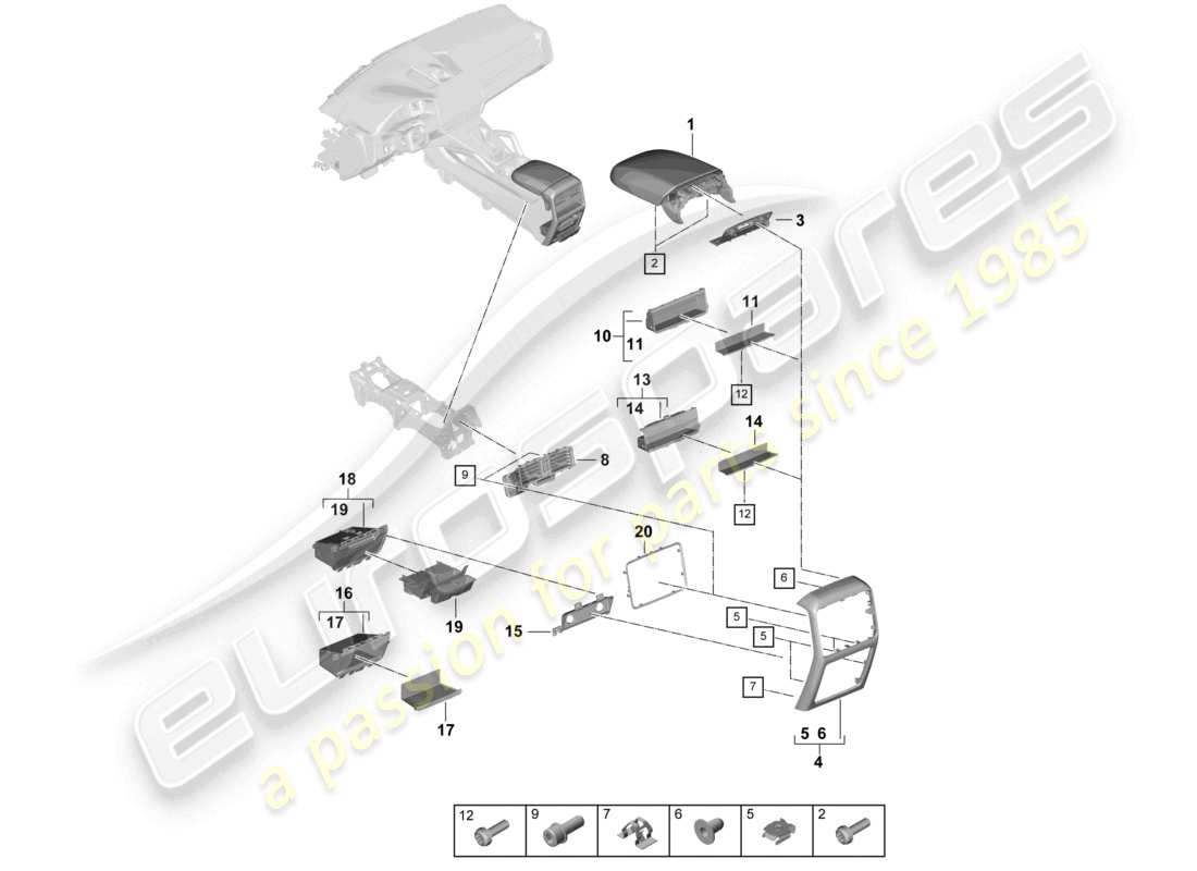 porsche 2024 (cayenne e3 9ya/9yb) centre console rear parts diagram