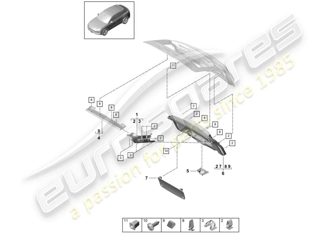 porsche 2024 (cayenne e3 9ya/9yb) rear lid trim panel parts diagram