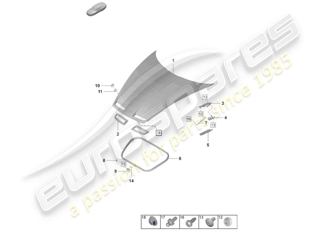 porsche 2025 (992-1 gt3/rs/st) bonnet parts diagram