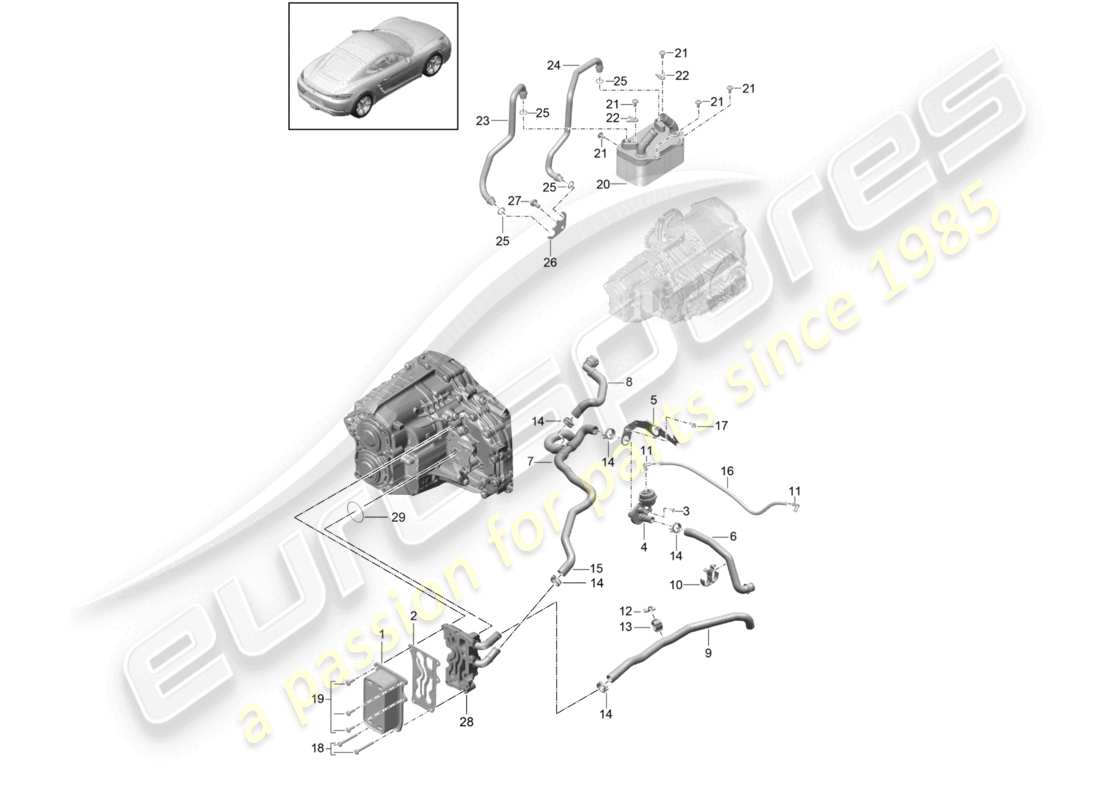 porsche 2026 (718 cayman) - pdk - gearbox heat exchanger oil pipe water pipe parts diagram