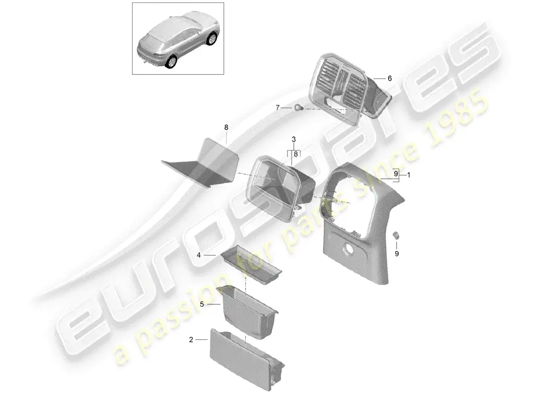 porsche 2014 (macan) centre console rear accessories parts diagram