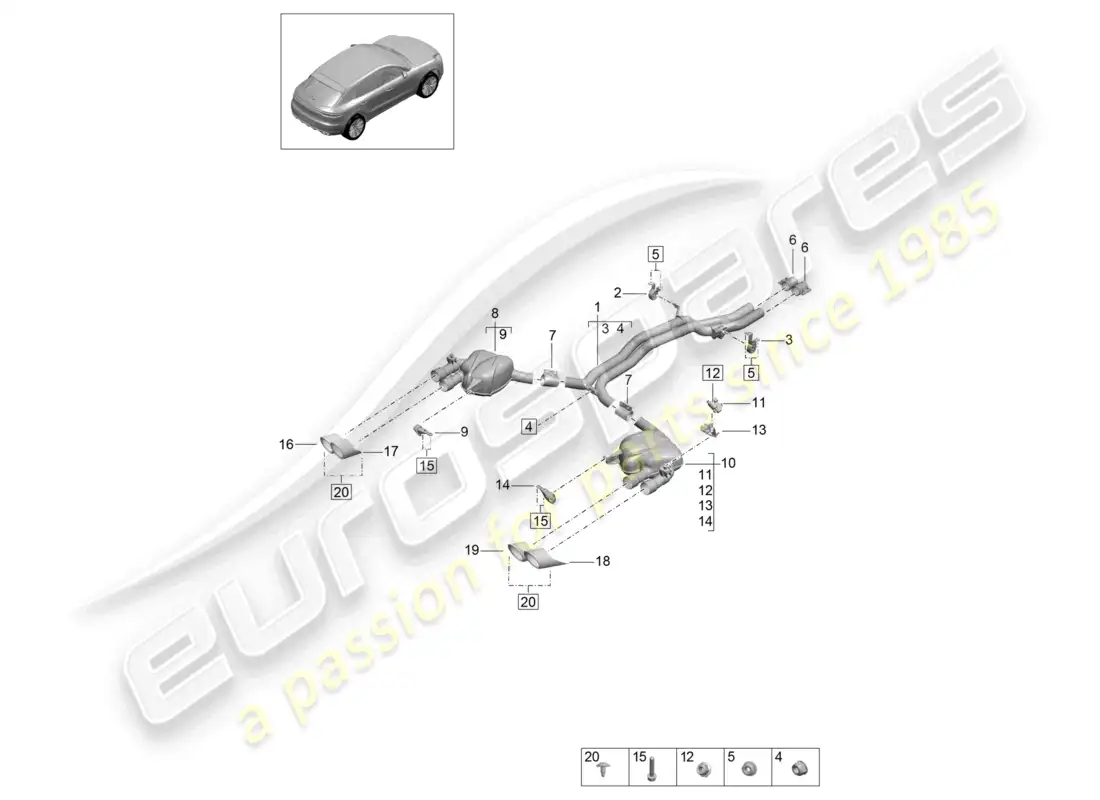 porsche 2020 (macan) exhaust system front silencer rear silencer parts diagram