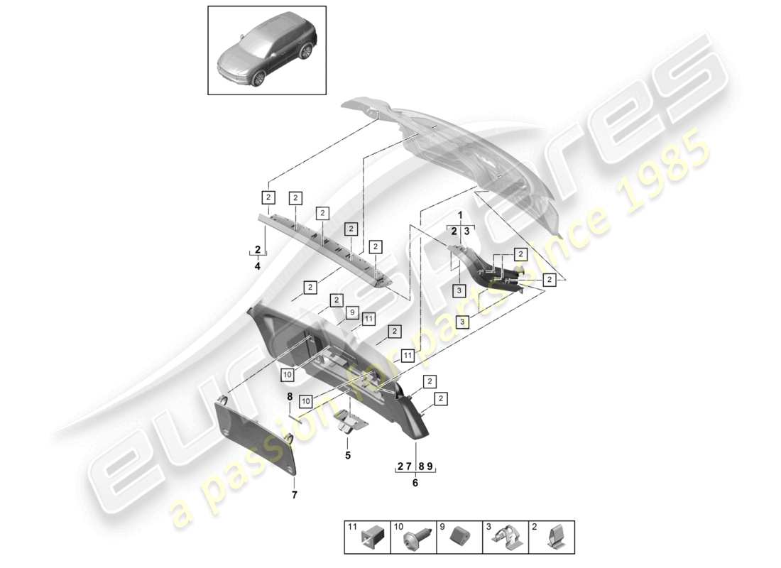 porsche 2022 (cayenne e3 9ya/9yb) trim rear lid part diagram