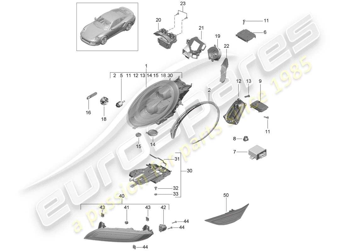 porsche 991 turbo (2018) led headlight parts diagram