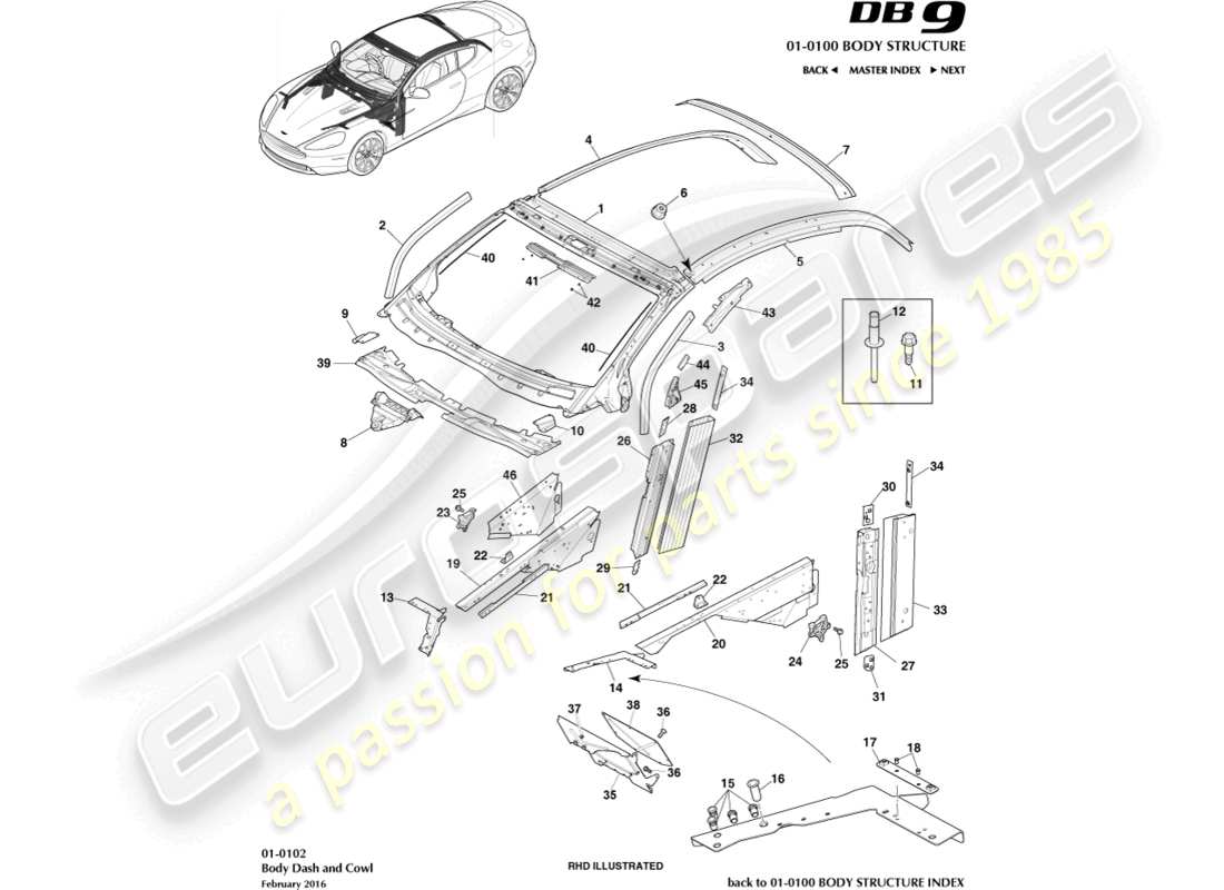 aston martin db9 (2013) body dash & cowl, coupe parts diagram