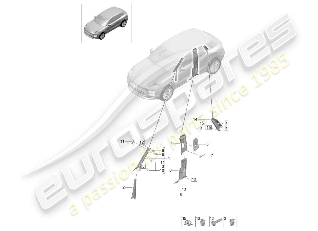 porsche 2025 (macan) a-pillar trim upper b-pillar trim c-pillar trim part diagram