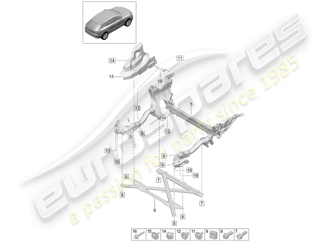 porsche 2020 (macan) support frame cross member guard plate parts diagram